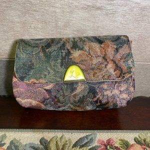 Vintage Floral Tapestry Vinyl Lined Cosmetic Make Up Bag Pouch Magnetic clasp